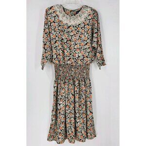 Starlo Sz 15/16 Blouson Vtg 80s Midi Dress Black Orange Beige Floral/Lace Collar